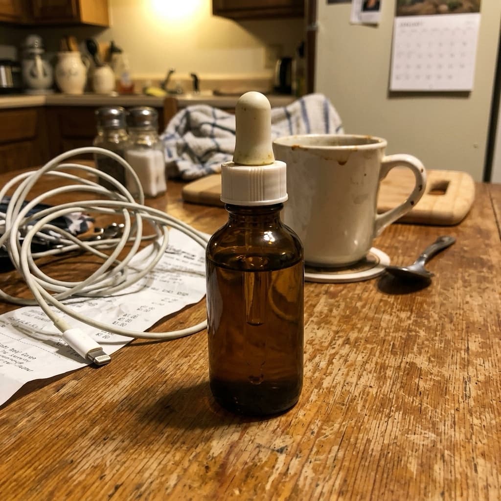 Foto botol serum dari HP dengan latar meja yang berantakan